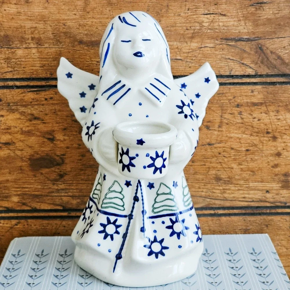 Vtg Polish Pottery Angel Taper Candle Holder Figurine Boleslawiec Cobalt Blue